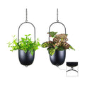 Metal Hanging Planters Set of 2 with 6 Inch Oval Pots - Stackable and Connectable Plant Hangers - Black Modular Wall