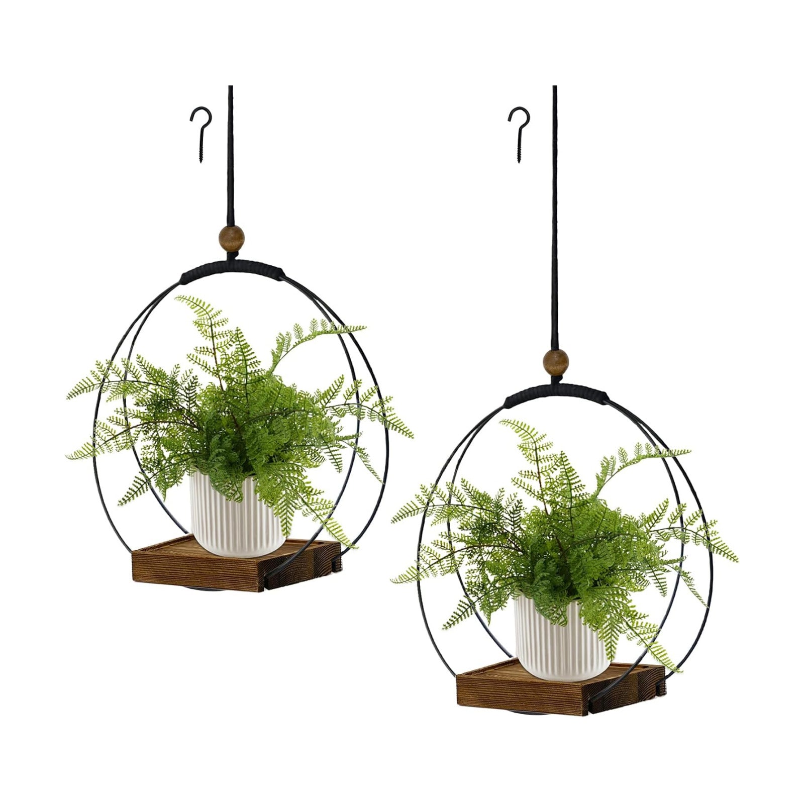 hismocal 2 Pack Hanging Planter for Indoor Plants, Black Plant Hanger with Sturdy Wood Base, Modern Boho Macrame