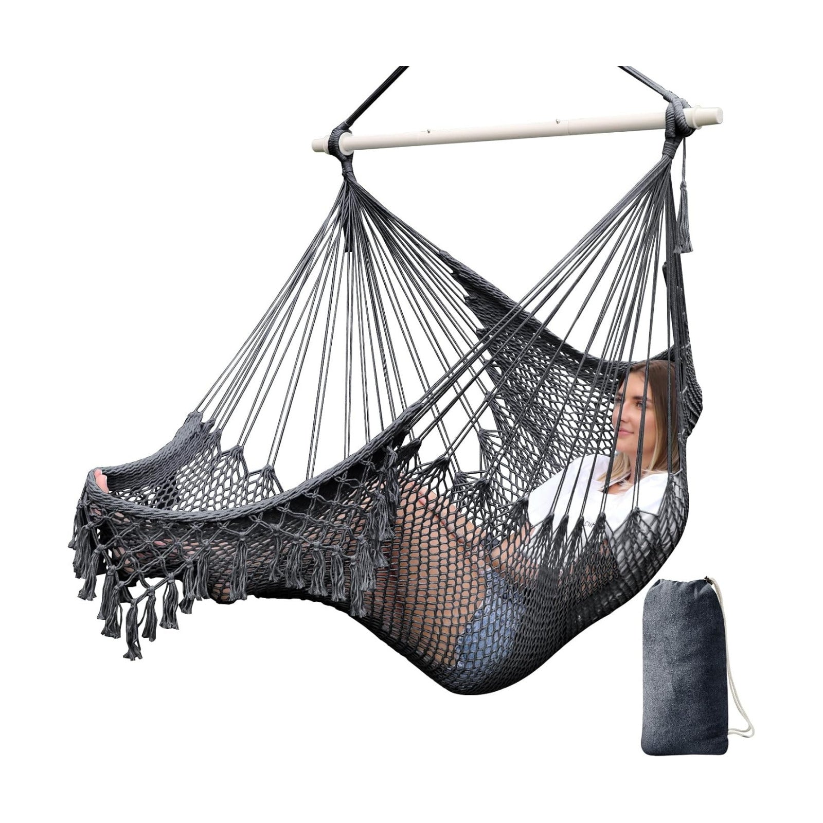 Chihee Hammock Chair Handmade Woven Mesh Hanging Seat Metal Spreader Bar | Cotton Blended Rope Hanging Chair Ventilated