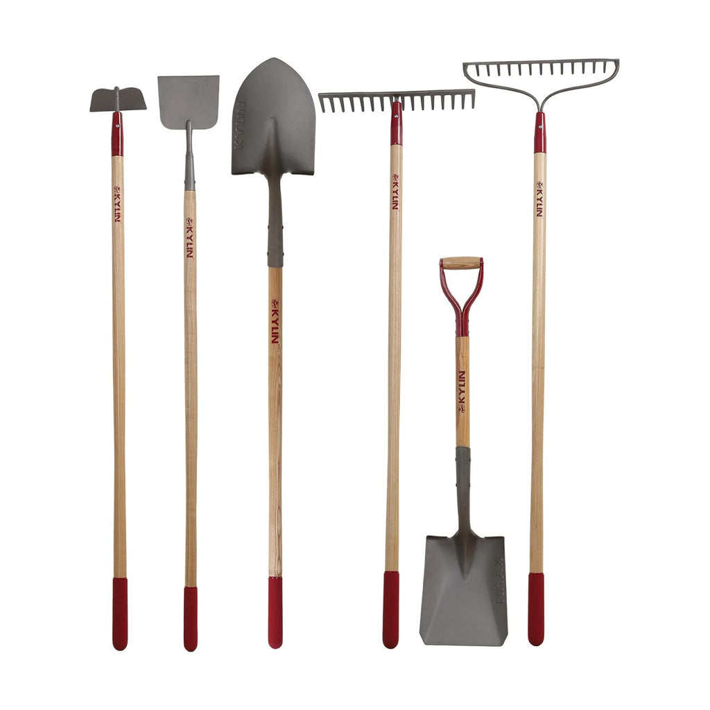KYLIN 6-Piece Pro Long Ash Handle Garden Tools Set for Landscaping Agricture or Backyard,14-Gauge Shovels,Forged