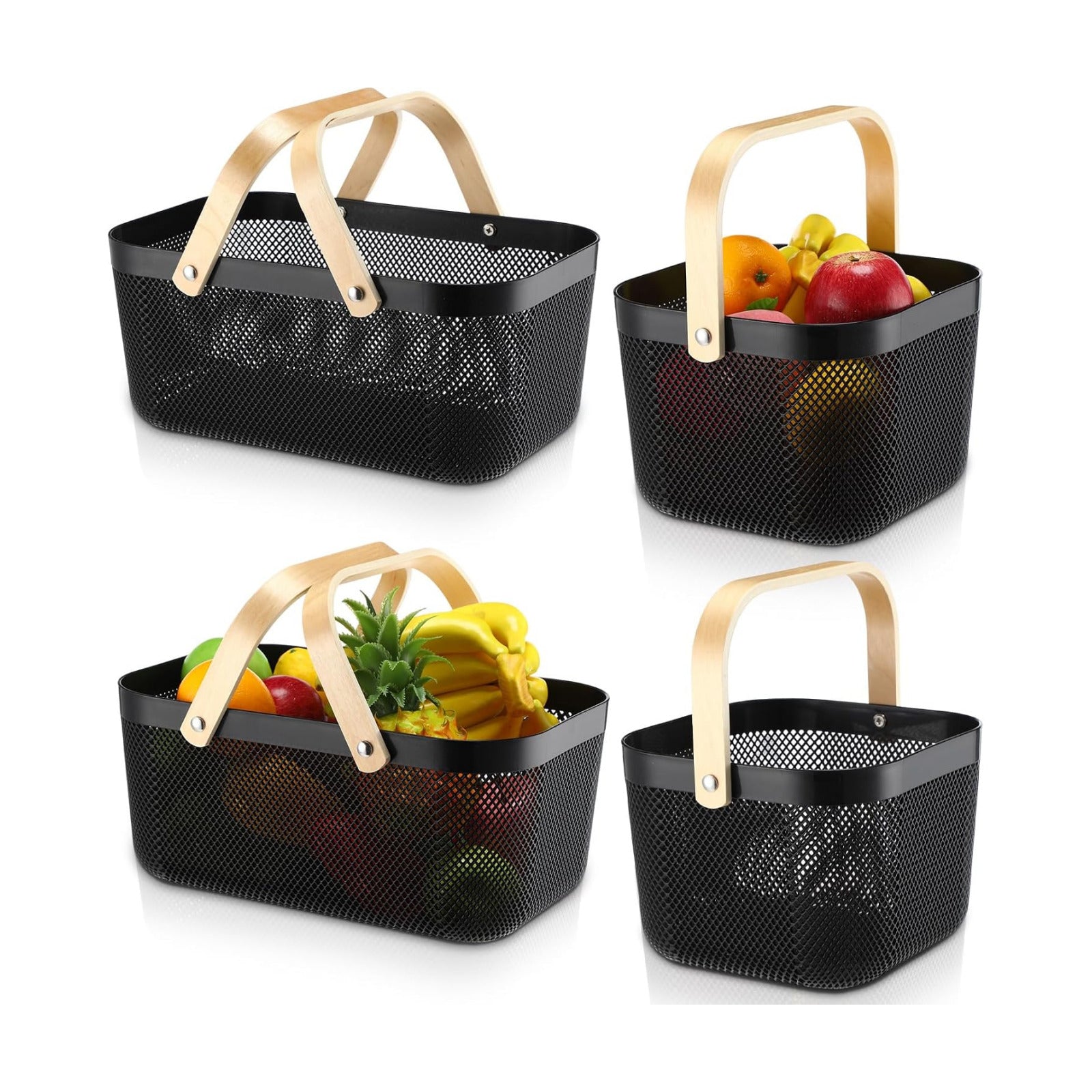 Sadnyy 4 Pcs Plastic Mesh Garden Harvest Basket Storage Basket with Wooden Handle Multi Functional Mesh Bin for Kitchen