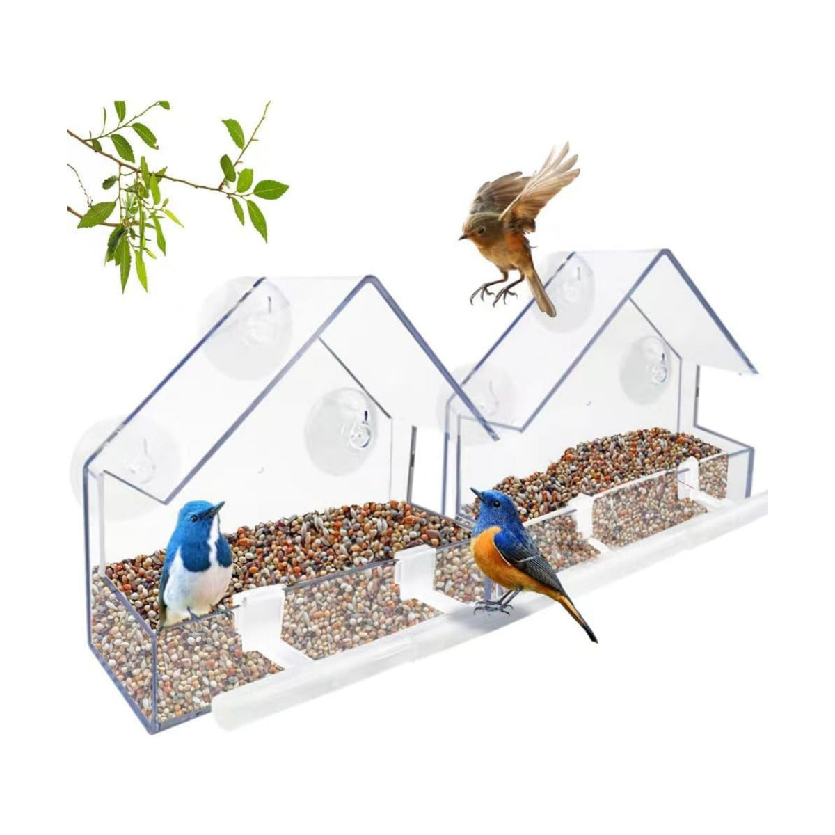 Window Bird Feeder 2 Pack, Bird House for Outside with 2 Rod, Small Acrylic Window Bird Feeder with Strong Suction Cups and Drain Holes 5.9 * 2.4 * 5.9 inch