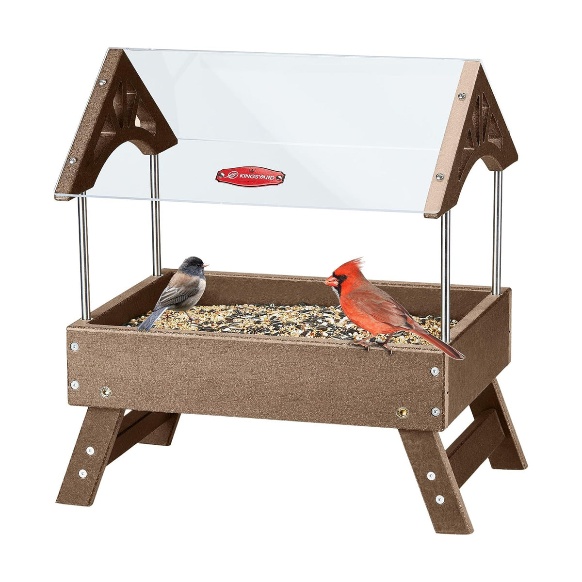 Kingsyard Covered Platform Ground Bird Feeder for Outdoors, Brown
