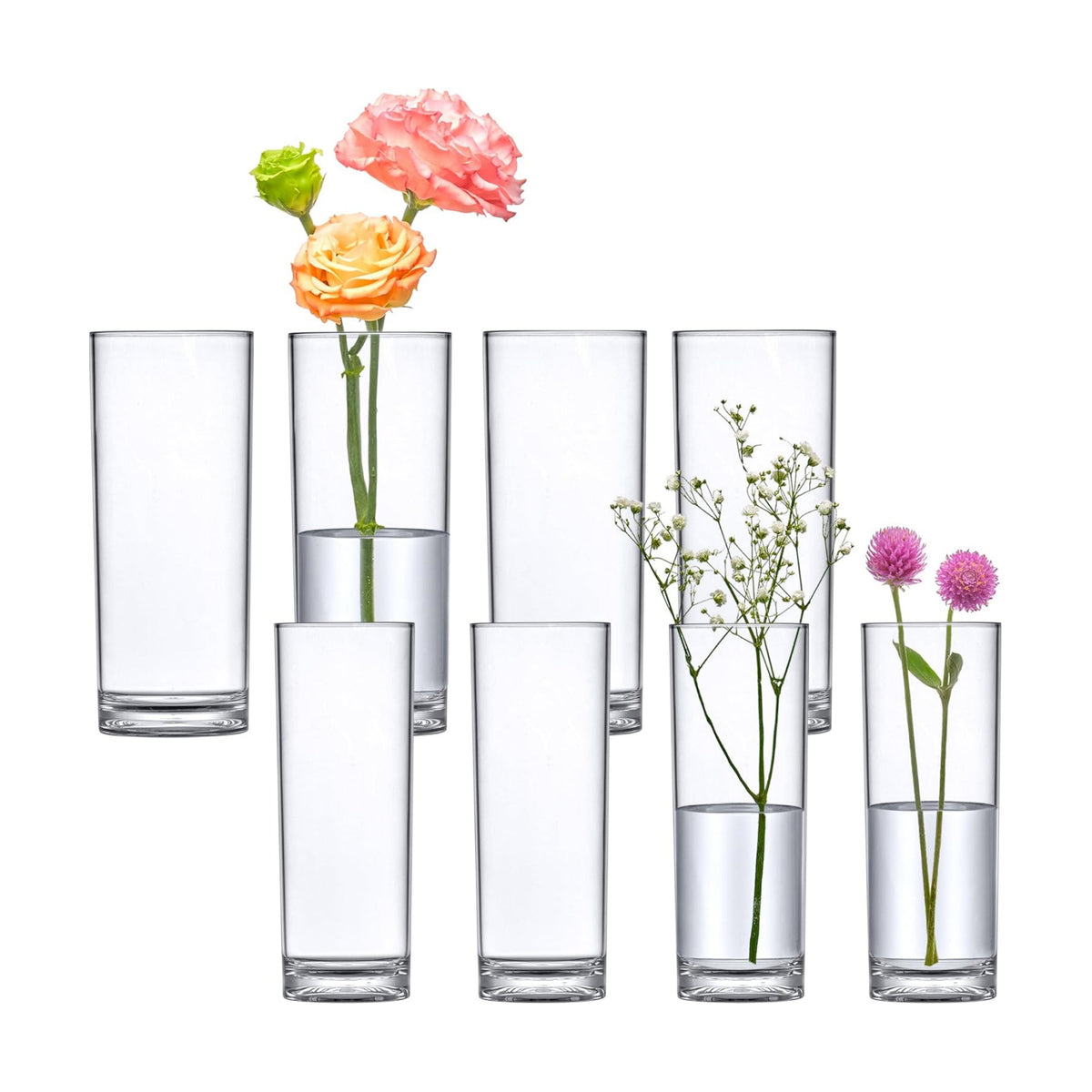 Amazing Abby - Viola Minuto - Plastic Cylinder Vases (8-Piece Set), Acrylic Flower Vases for Wedding Centerpieces, Home Decorations, Office Ornaments, Shatter-Proof, 6" + 7" (H) (Not Glass)