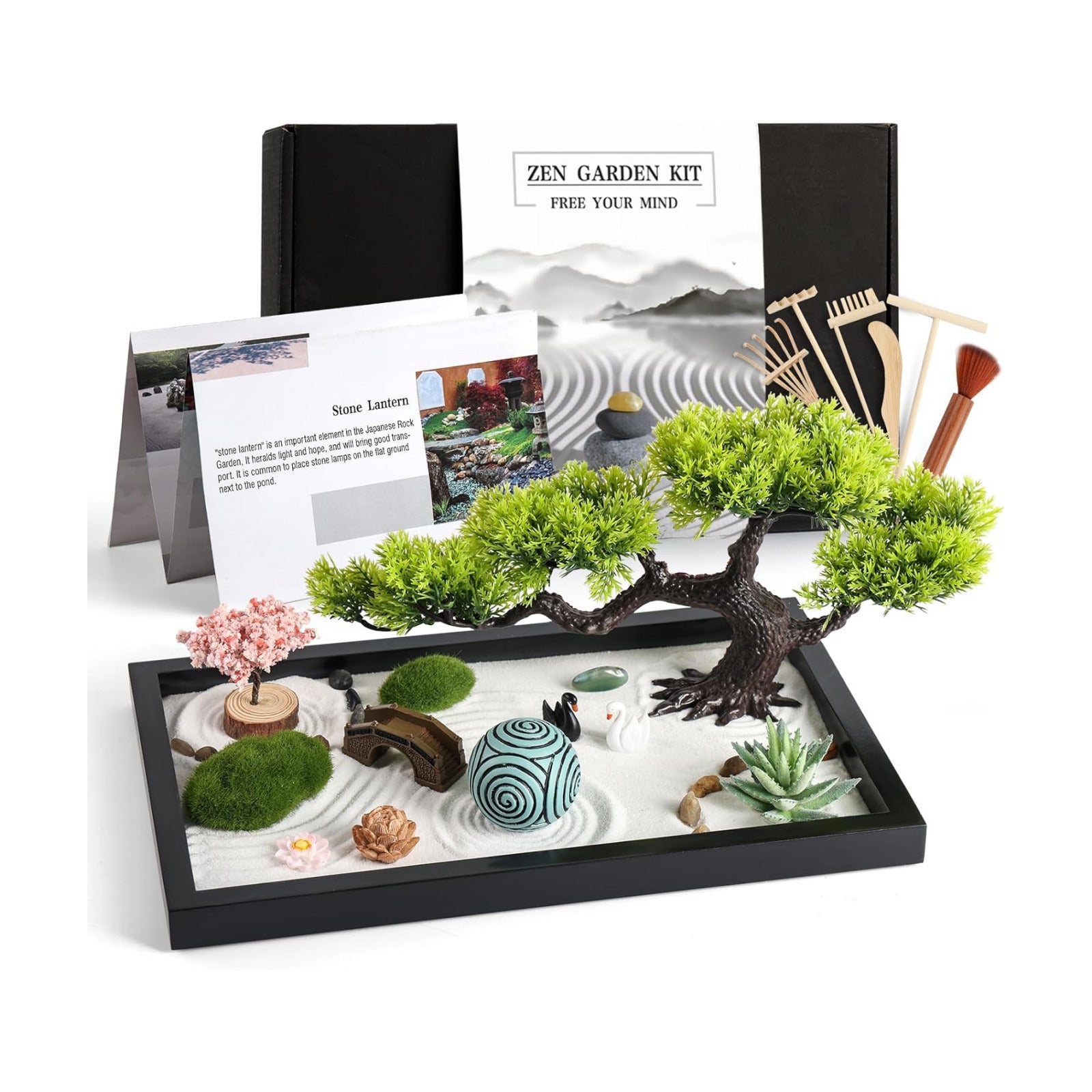 Zen Garden Kit for Desk Decor - Premium Beautiful Japanese Mini Zen Sand Garden Box Set for Home, Office with Black