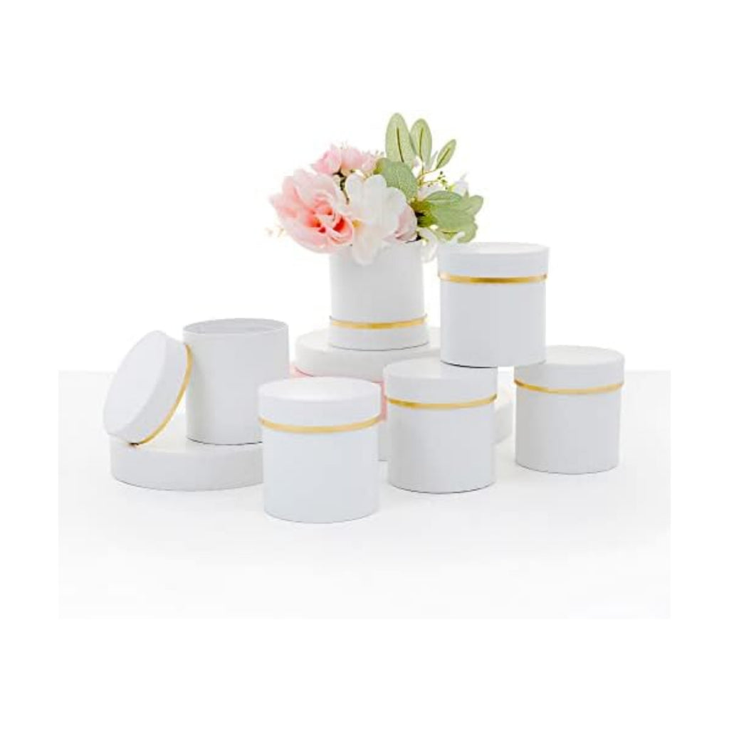 UNIKPACKAGING Set of 6 pcs, Small Round Shaped Flower Gift Boxes, 4" dia. x 4" inch, for Unique Flower and Gift Arrangements, Partry Favors (ALL White)