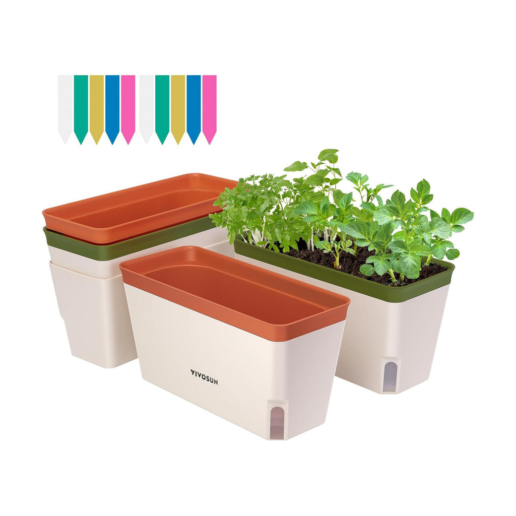 VIVOSUN Self-Watering Planters, 4-Pack 10.5 in Window Herb Planter Box | Compact Rectangular Planter Box with 10 PCS