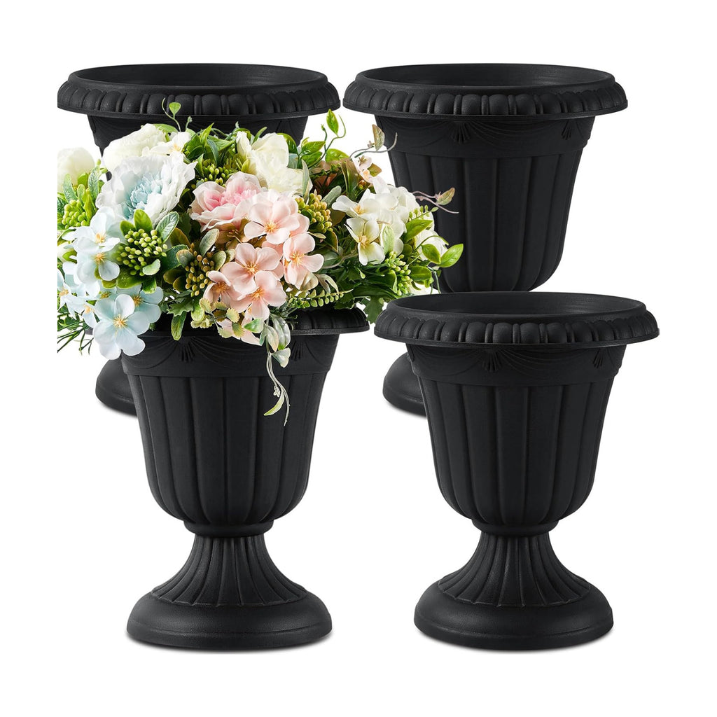 Zhehao 4 Pcs 10 x 12 Inches Black Plastic Urn Planter Classic Flower Pots Front Porch Planters Indoor Outdoor Planters