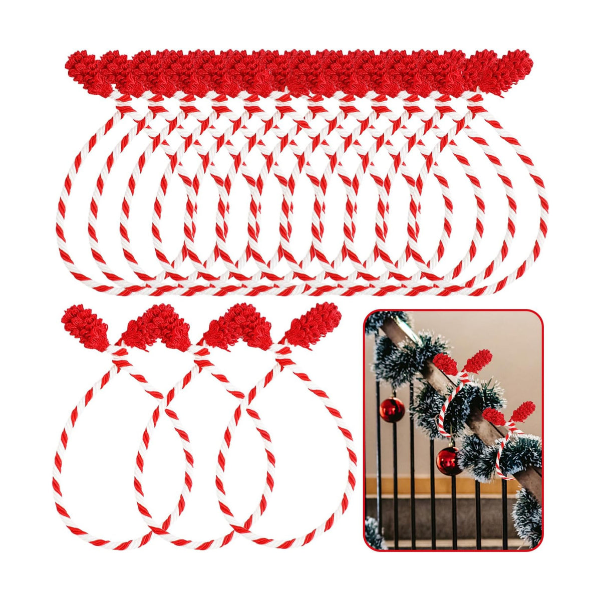 DIYASY Garland Ties for Staircase, 12 Pcs Red and White Decorative Banister Ties for Stairs Twist Ties Railing Wraps Reusable & Flexible Christmas Home Decorations