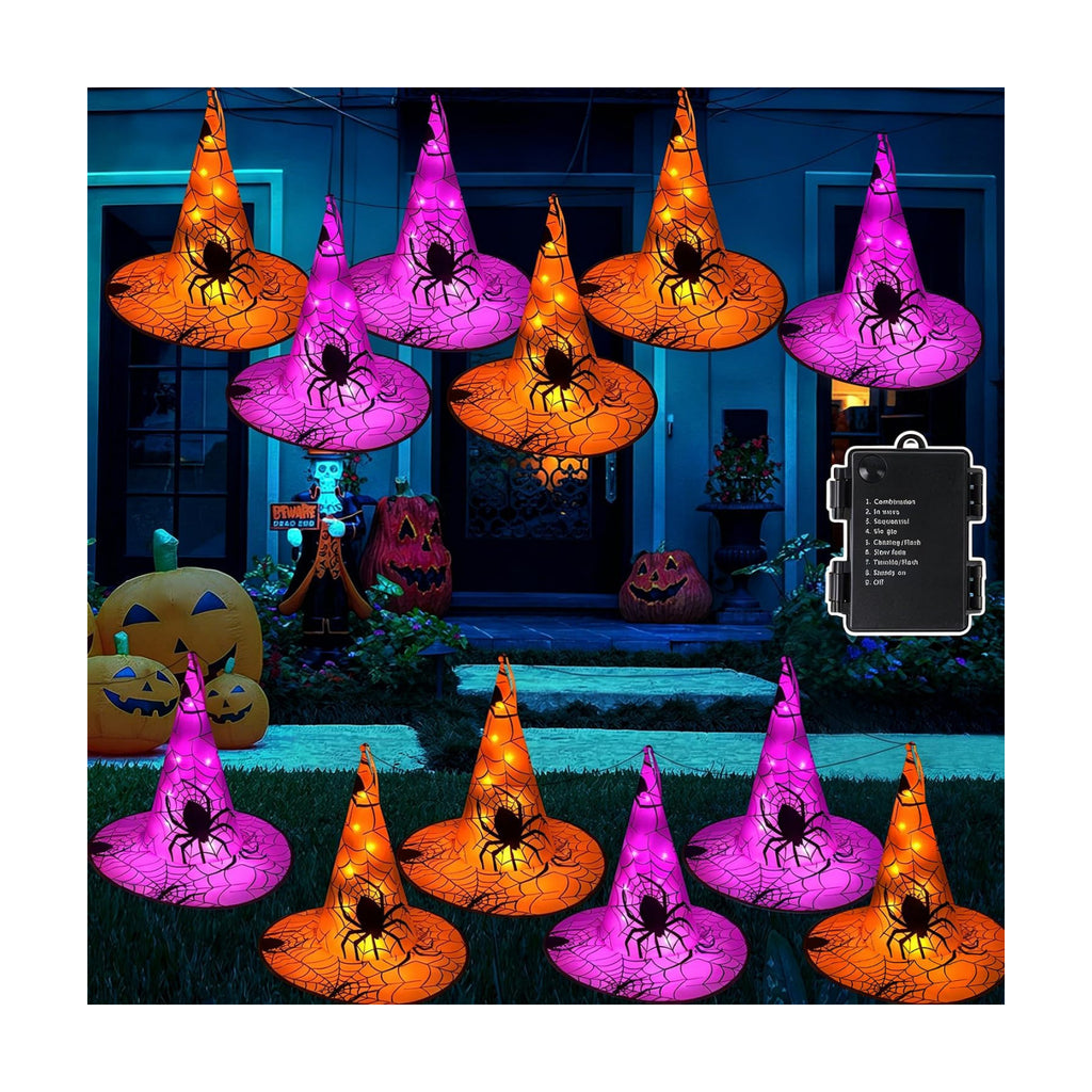 WATERGLIDE Halloween Decorations, 12Pcs Lighted Hanging Witch Hats 8 Modes