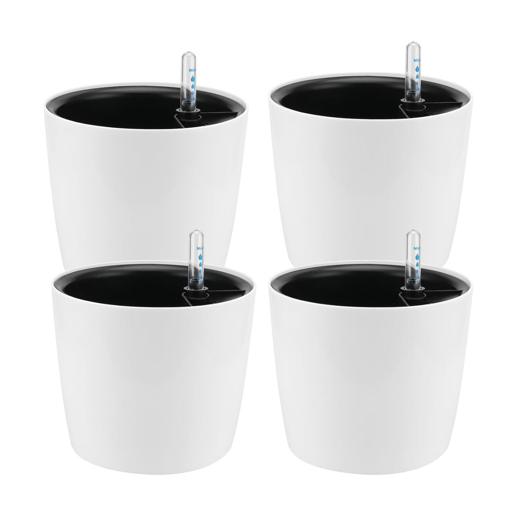 4 Pack 7 Inch Self Watering Planter for Indoor Plants, White Decorative Round Plastic Self Watering Pots with Level