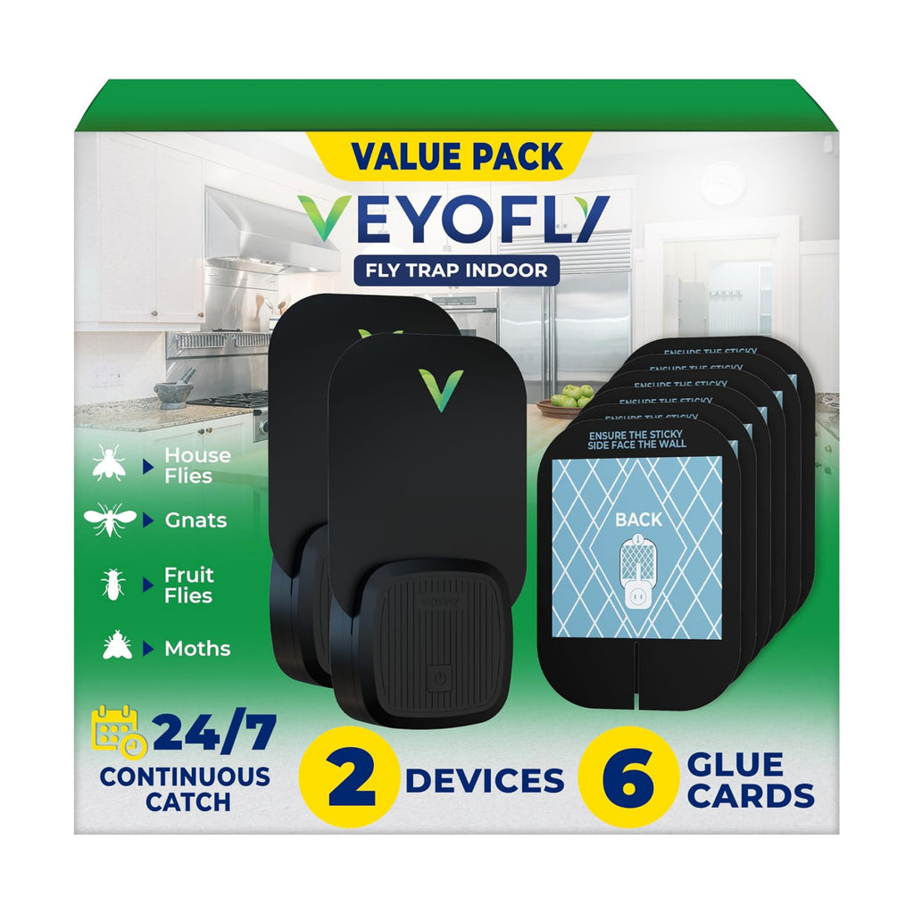 VEYOFLY Fruit Fly Traps Indoor Plug-in UV, Gnat Trap, 2 Device + 6 Refills | UV light attracts insects to glue cards