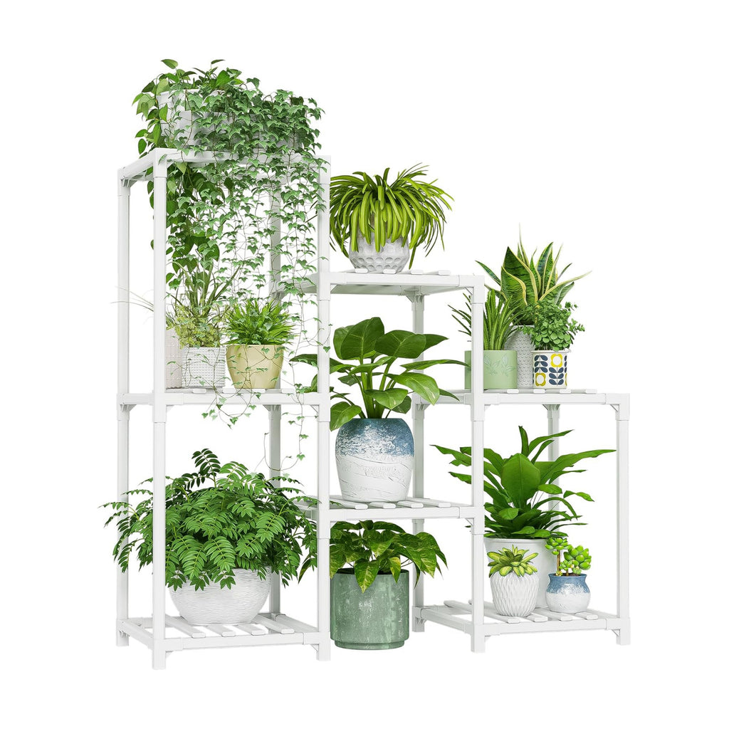 Bamworld Indoor Plant Stand Outdoor White Shelf Bamboo Plant Table for Multiple Plants 3 Tiers 7 Pots Ladder Holder Pot Window Garden Balcony Living Room