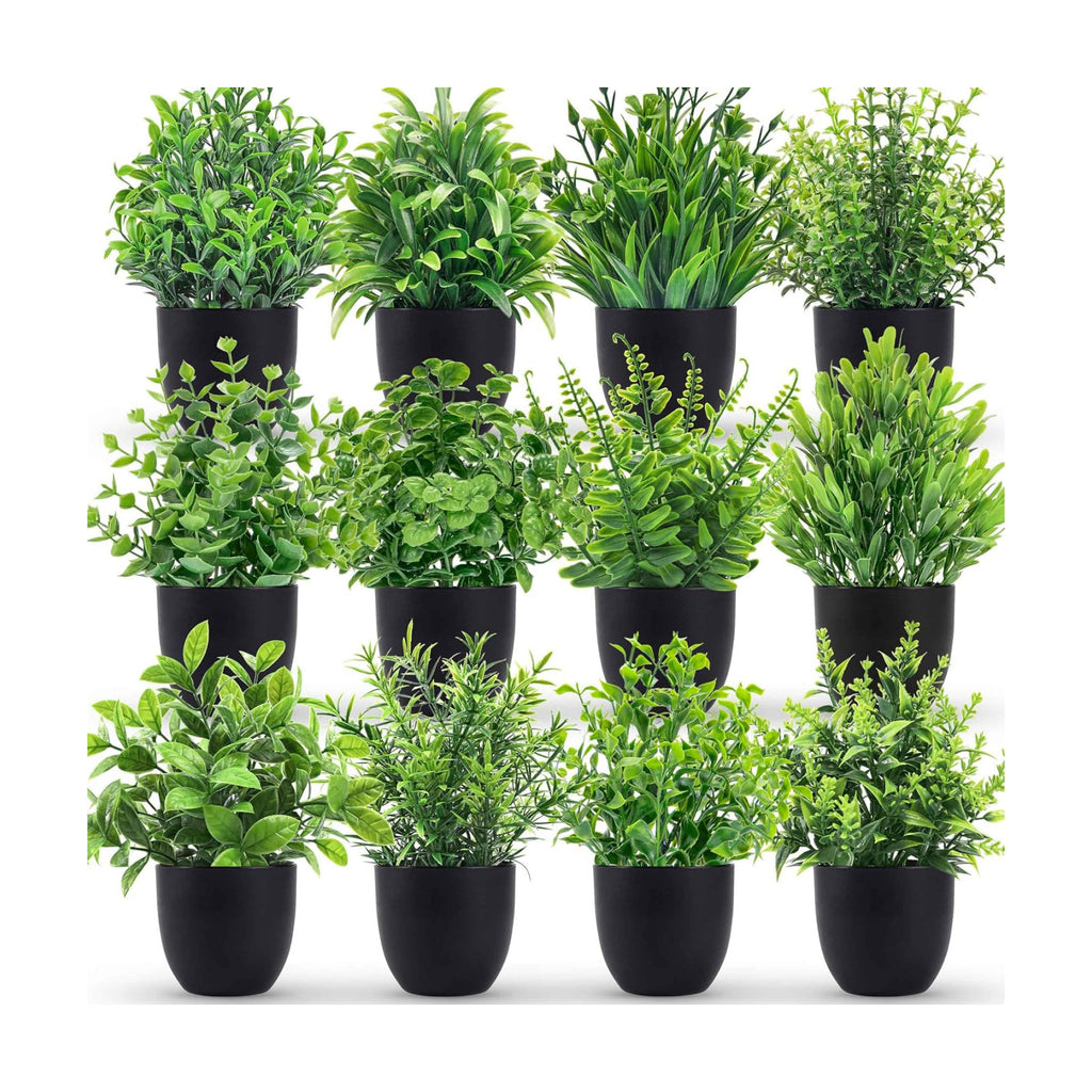 Der Rose 12 Pack Mini Fake Plants in Black Pots, 7" Bathroom & Desk Decor