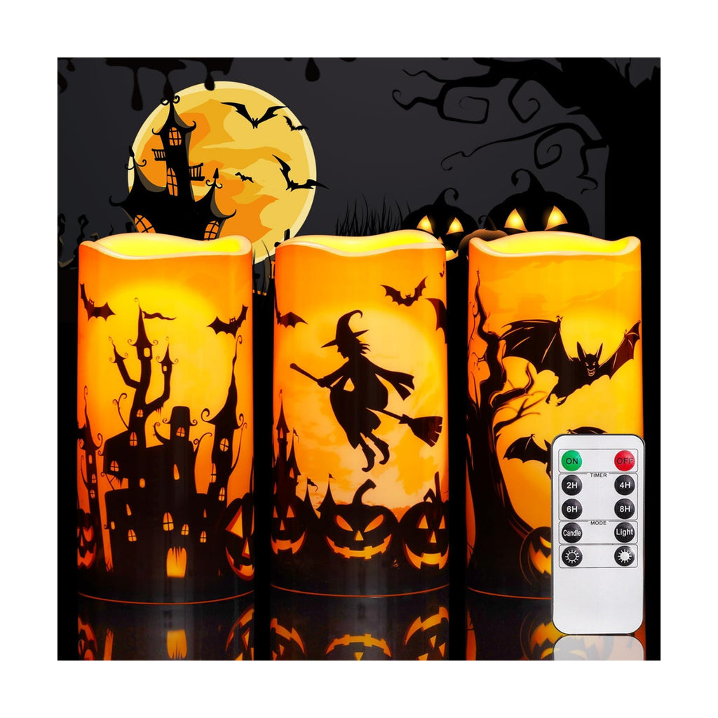 Homemory Halloween Waterproof Flameless LED Pillar Candle with Timer Remote