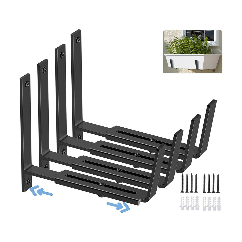 HFHOME 4 PCS Adjustable Planter Box Brackets (6 to 12.5 in), Universal Window Box Brackets, Heavy Duty Metal Flower Box