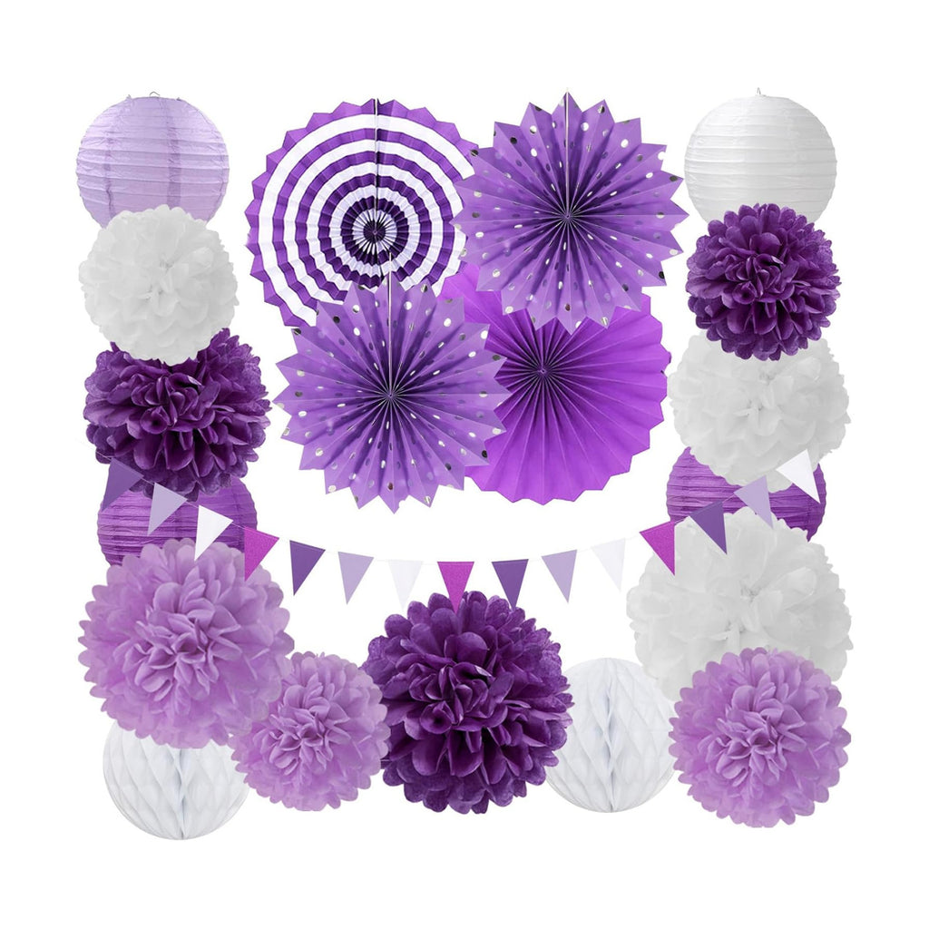 Lavender-Purple White Graduation Party Decorations - 20pcs Paper Lanterns Fans,Tissue Pom Poms,Honeycomb Balls,Birthday Wedding Bridal Baby Shower Engagement Bachelorette Decor Burgleda