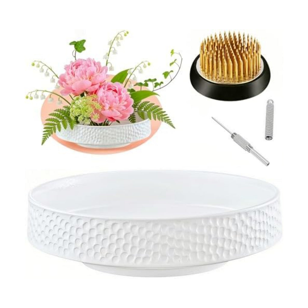 Japanese Ikebana Vase Kit, Flower Shallow Container Ceramics Flower Bowl Ikebana Vase with 1.57inch Flower Frog and Floral Frog Floristry Kenzan Needle Straightening Tool