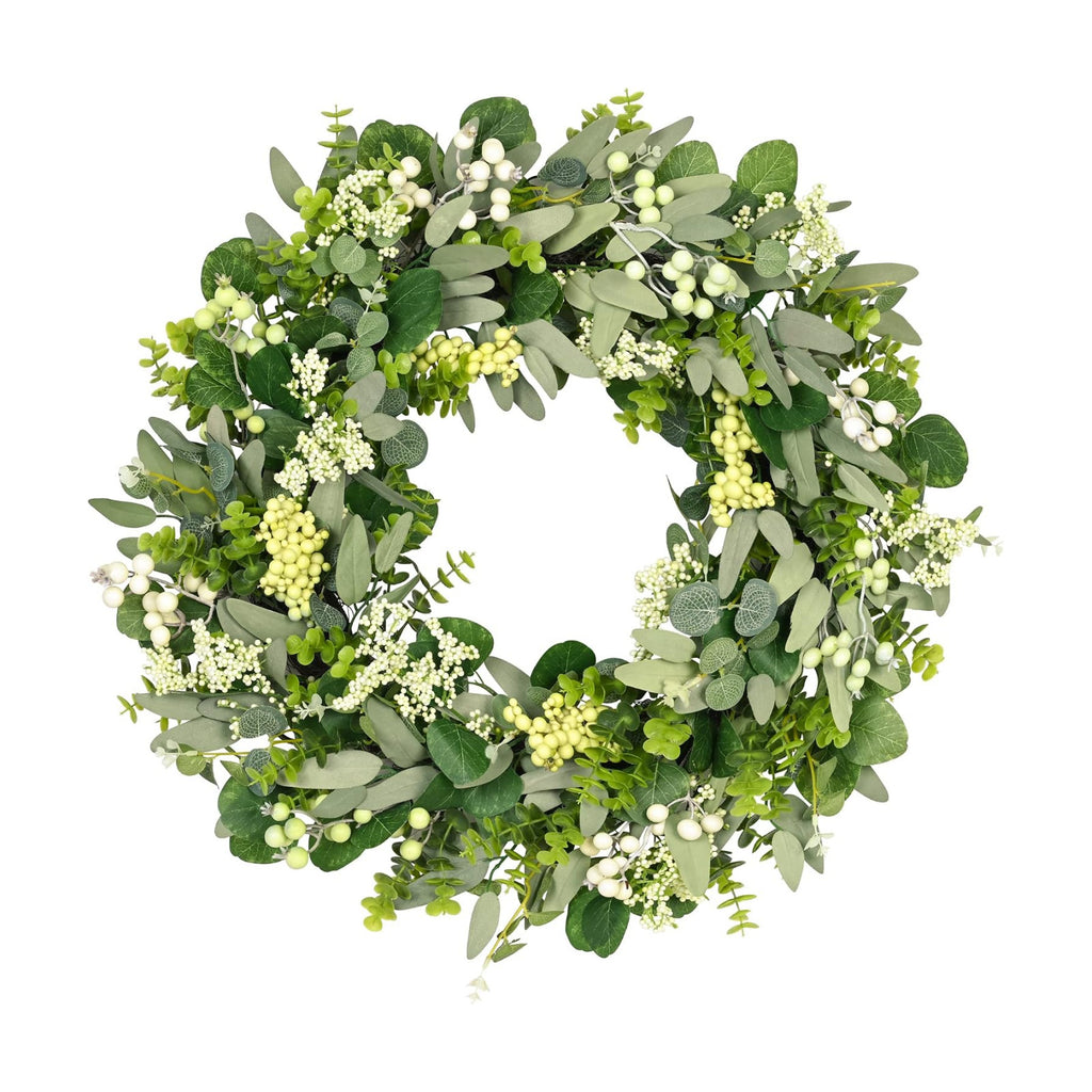 Vlorart 24-26 Inch Artificial Spring Summer Greenery Christmas Wreaths for Front Door Green Eucalyptus Leaf Wreath Decor Boxwood with Big Berries for Farmhouse Outside Year Round