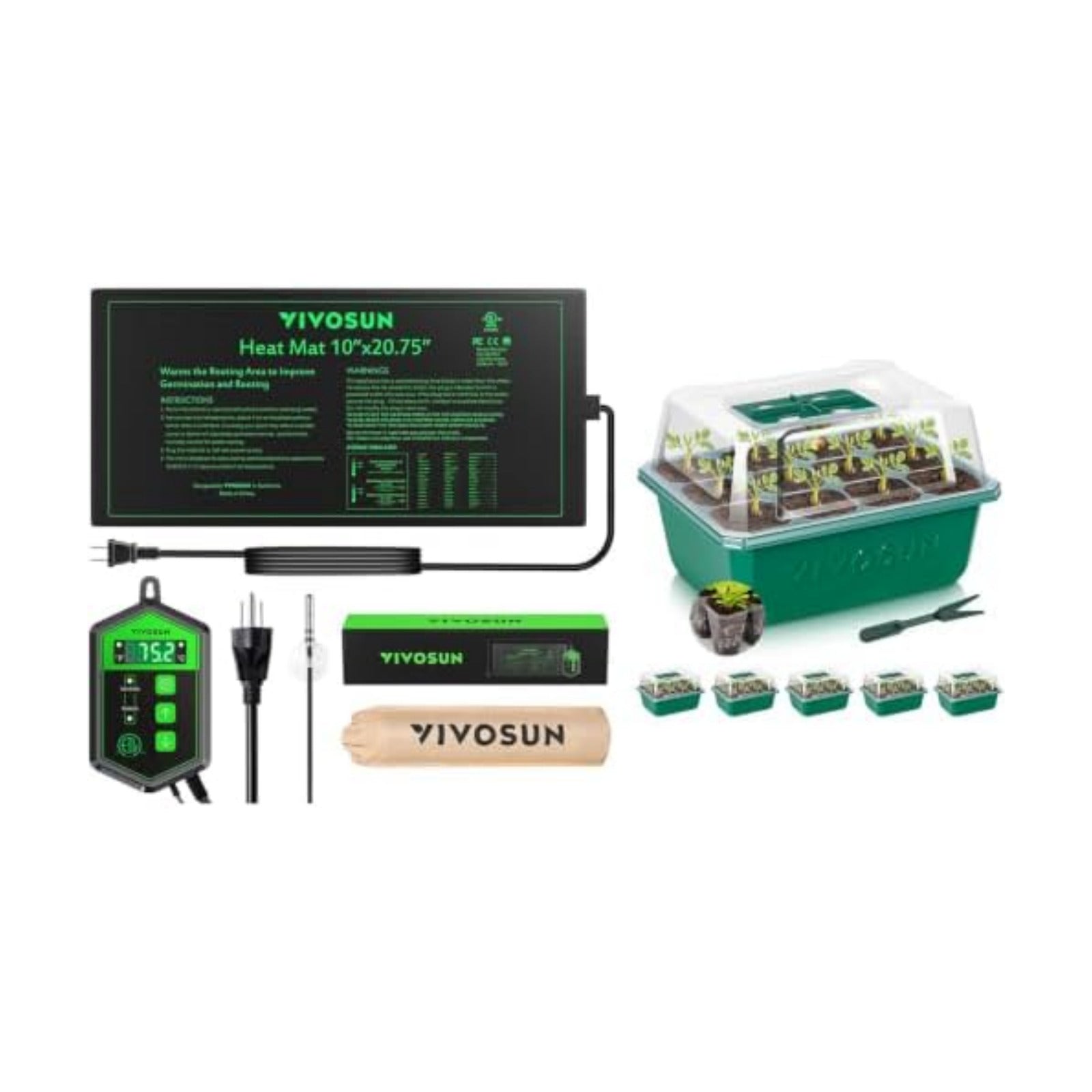VIVOSUN 10"x20.75" Seedling Heat Mat and Digital Thermostat Combo, 6-Pack Seed Starter Trays, 72-Cell Seed Starter Kit