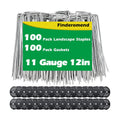 100 Pack Landscape Staples and 100 Pack Gaskets,11 Gauge 12" Galvanized Steel Garden Staples with Black Pads Turf