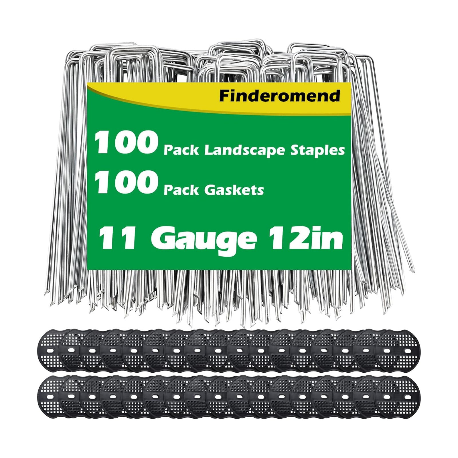 100 Pack Landscape Staples and 100 Pack Gaskets,11 Gauge 12" Galvanized Steel Garden Staples with Black Pads Turf