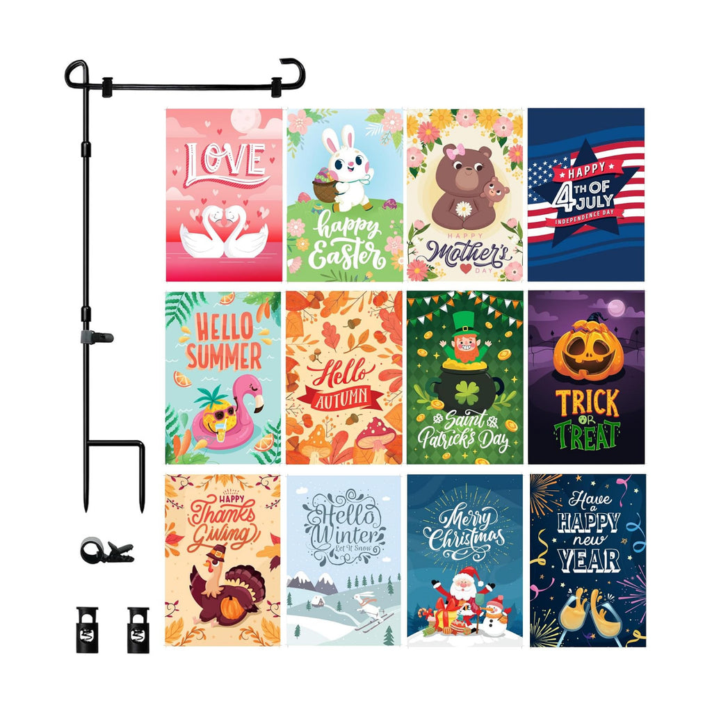 Double Sided Seasonal Garden Flags Set of 12-12x18 inch Yard Flags for Outside with Stand & Holder | Weather Resistant