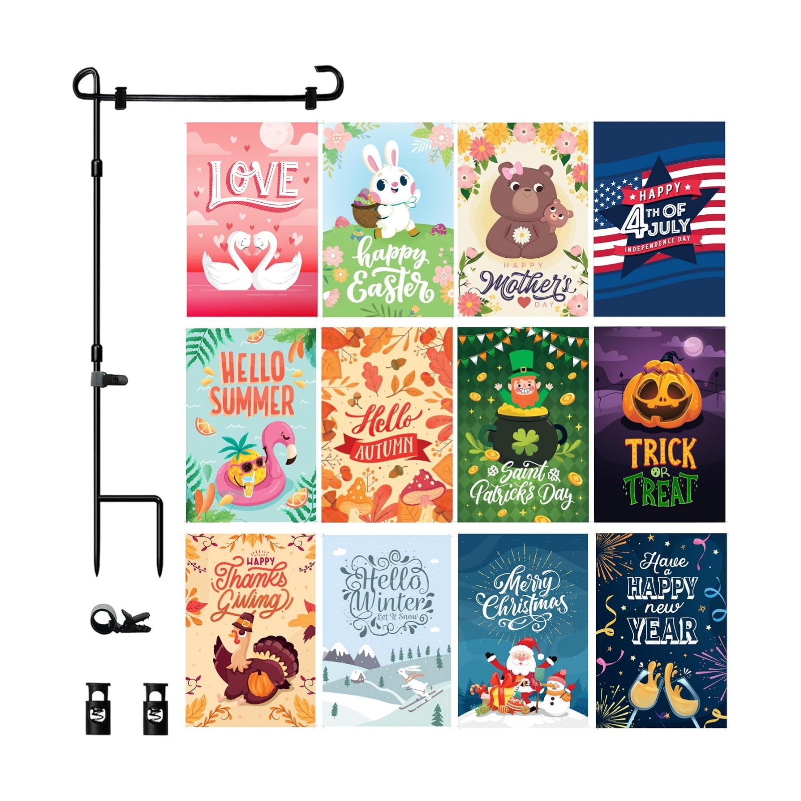 Double Sided Seasonal Garden Flags Set of 12-12x18 inch Yard Flags for Outside with Stand & Holder | Weather Resistant