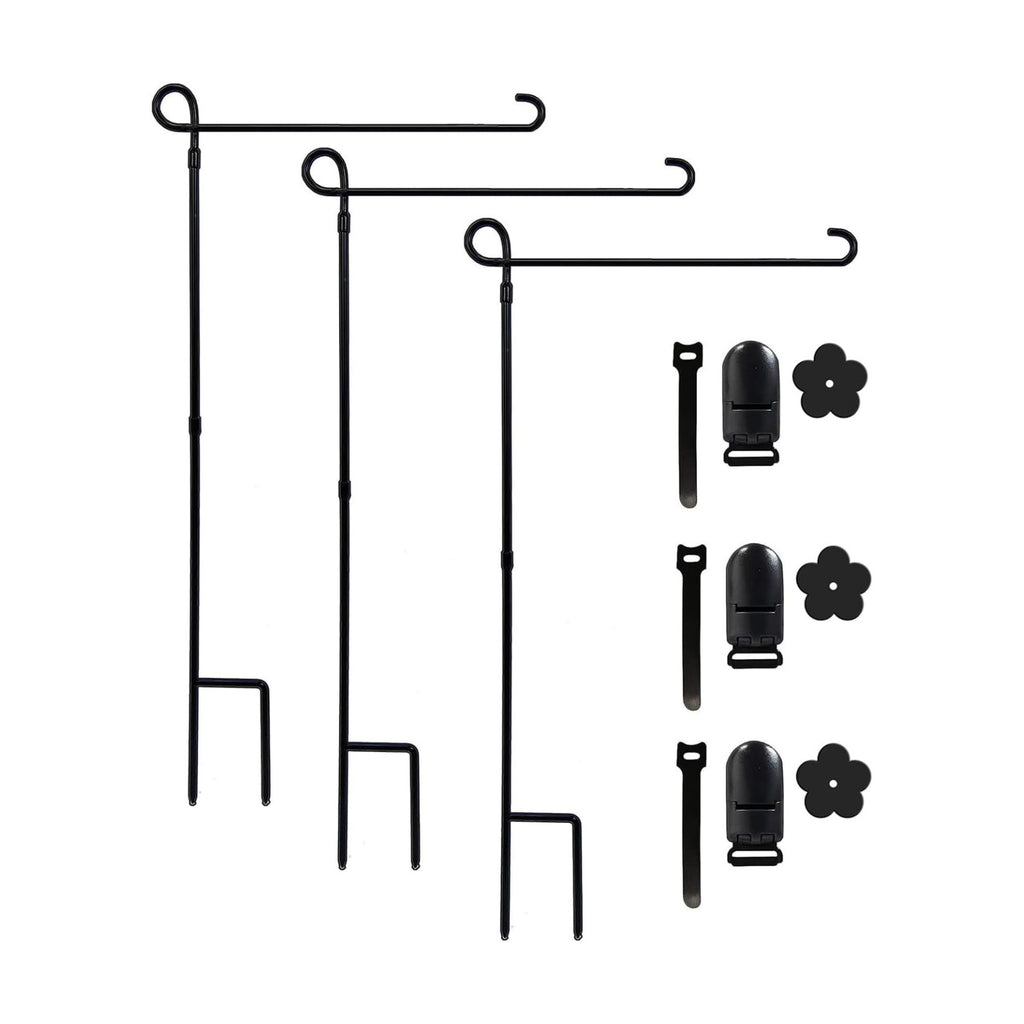 YEAHOME 3PC Garden Flag Holder Stand, Weather-Proof Yard Flag Pole Black Metal Powder-Coated Flagpole with Tiger Clip and Rubber Stopper for Garden Flags Outdoor Decorations