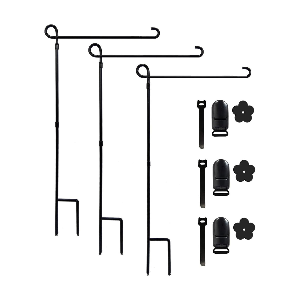 YEAHOME 3PC Garden Flag Holder Stand, Weather-Proof Yard Flag Pole Black Metal Powder-Coated Flagpole with Tiger Clip and Rubber Stopper for Garden Flags Outdoor Decorations
