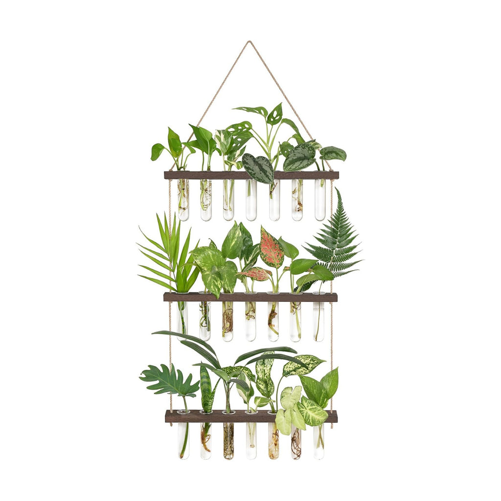 Mkono Plant Propagation Station, 3 Tier Large Brown Wall Hanging Vase Tubes | Glass Terrarium Planter,Wooden Stand,for