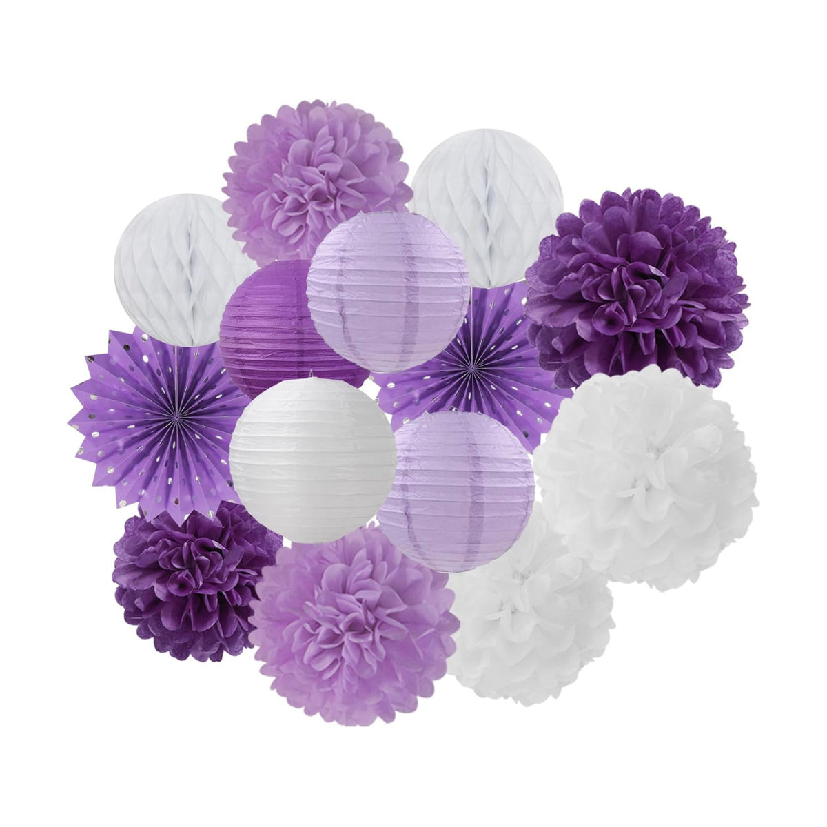 Purple-White Lavender Party Decorations Streamers - 14pcs Women Girl Birthday Paper Lanterns Fan,Tissue Pom Poms,Baby Bridal Shower Wedding Engagement Bachelorette Graduation Decor Lasting Surprise