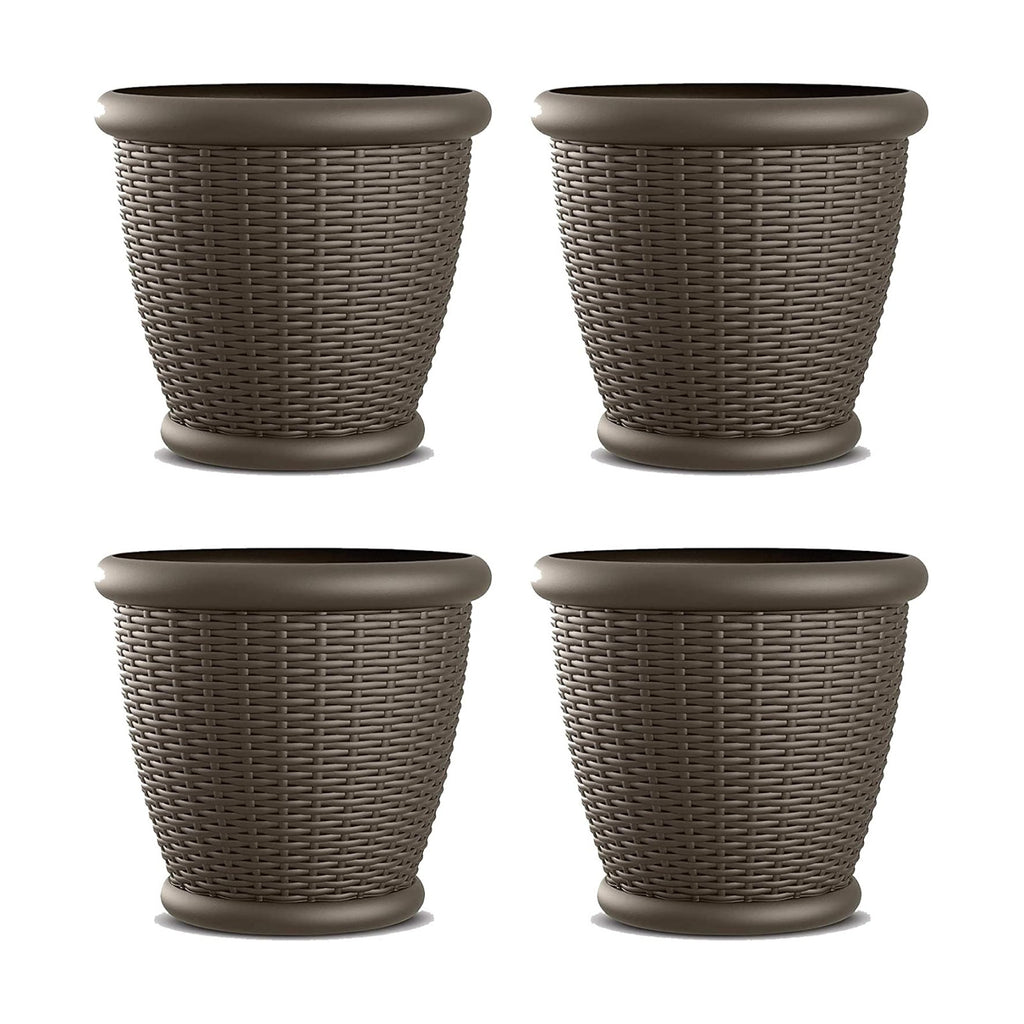 Suncast 4 Pack Wicker Planter w/ Drillable Drain Holes, Decorative Indoor/Outdoor Pot, 18in, Java