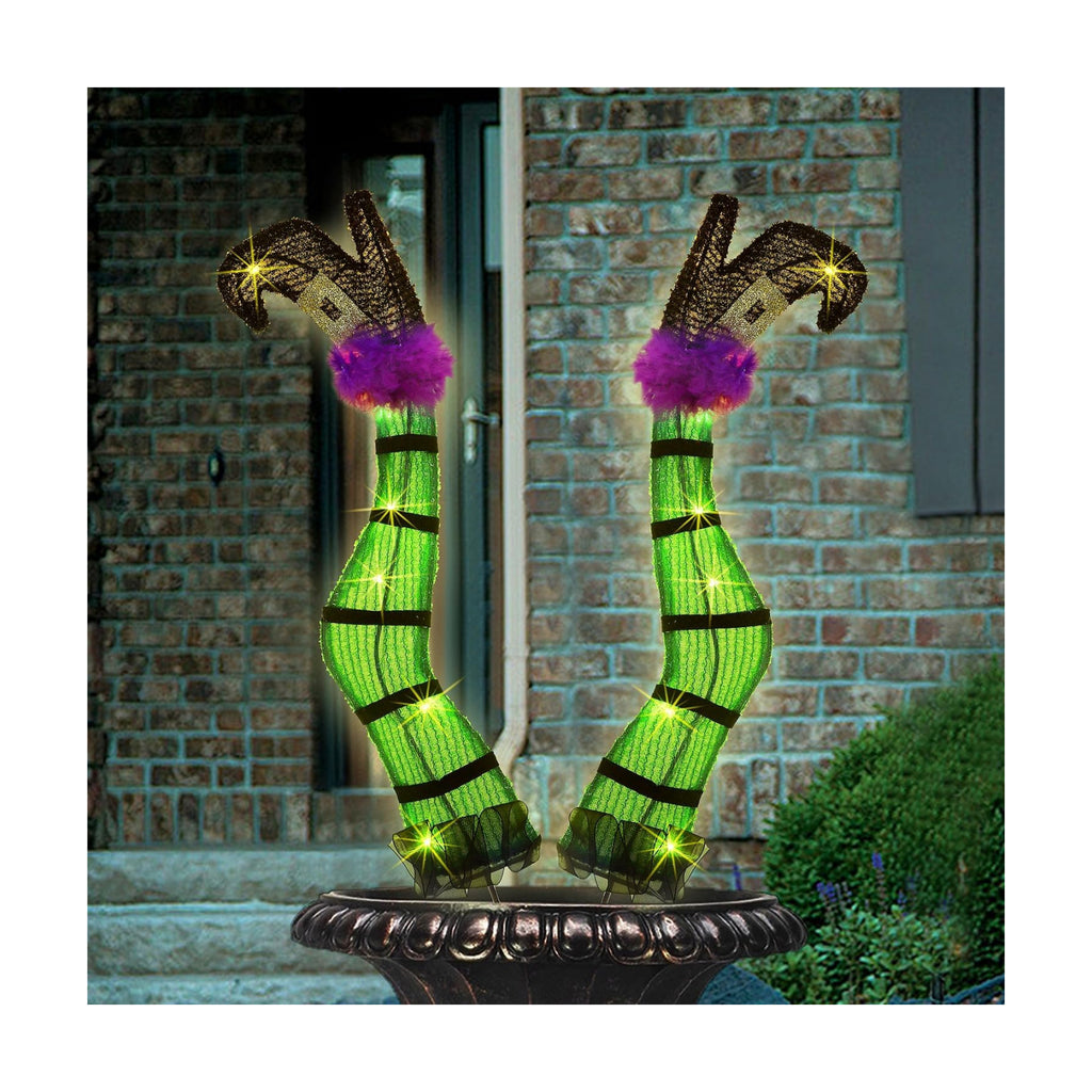 Juegoal Set of 2 Halloween Lighted Wicked Witch Legs with Stakes, 22" Light Up Tinsel Witch Prop, Halloween Yard Signs Timer & 8 Modes, Battery Operated for Outdoor Party Haunted House Garden Decor