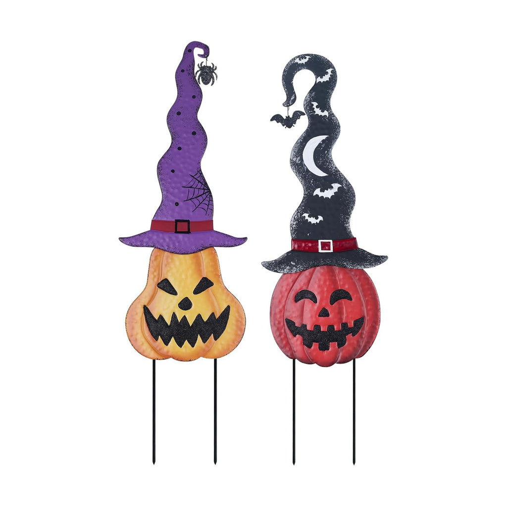 YEAHOME Halloween Decorations Outdoor, Set of 2 Pumpkin Garden Stakes with Witch Hats for Halloween Decor, Jack o' Lantern Metal Pumpkin Yard Signs for Outside Garden Lawn Patio Party Decorations