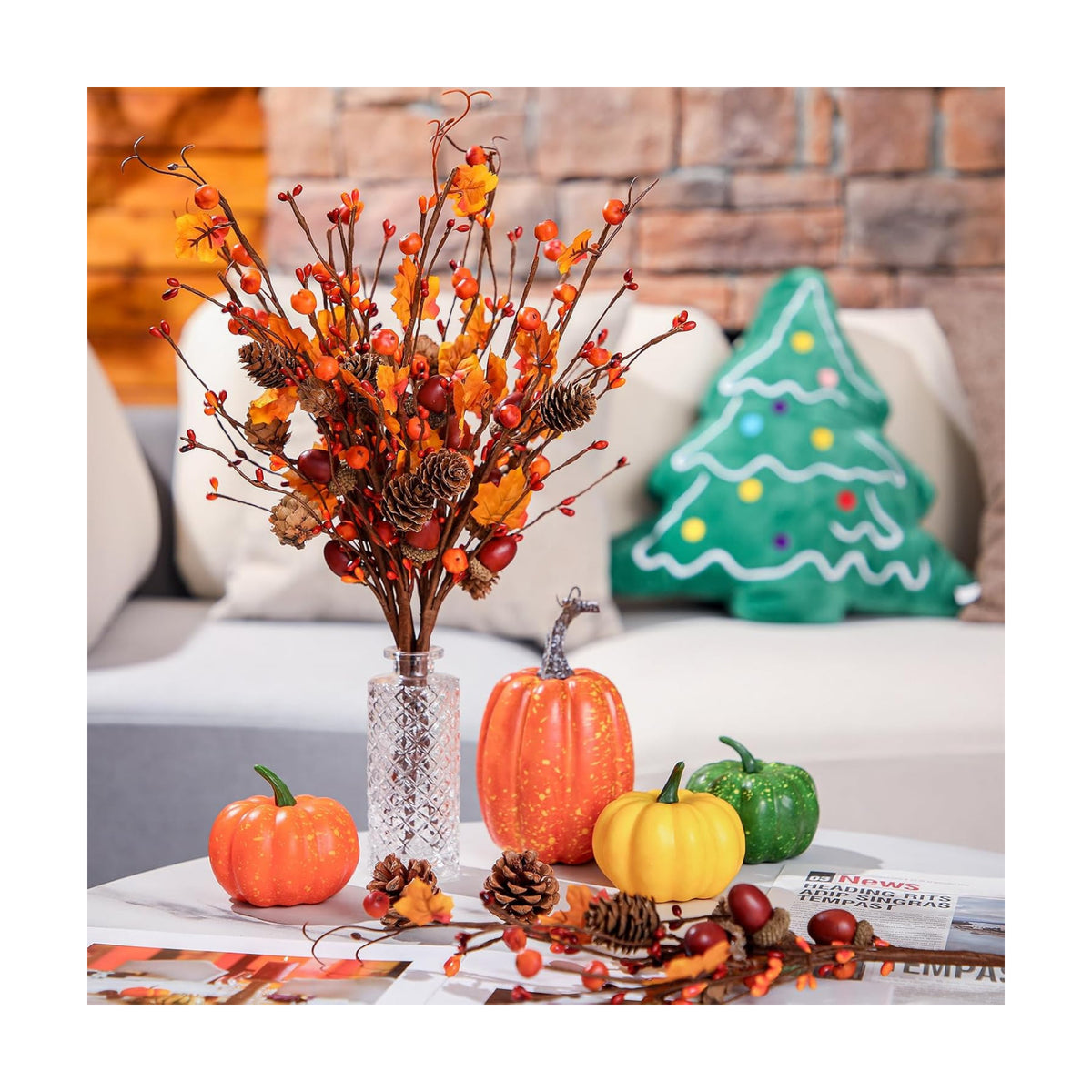 Yunlly Artificial Fall Berry Stems Fall Picks for Floral Arrangements Fake Fall Leaves with Pine Cones Maple Leaves Acorns Autumn Plant for Harvest Thanksgiving Festival Decor(12 Pcs)