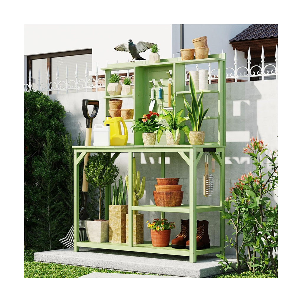 Outdoor Garden Potting Bench Table with 6-Tier Storage Shelves and Side Hook, 64.6" Large Wooden Patio Work Station