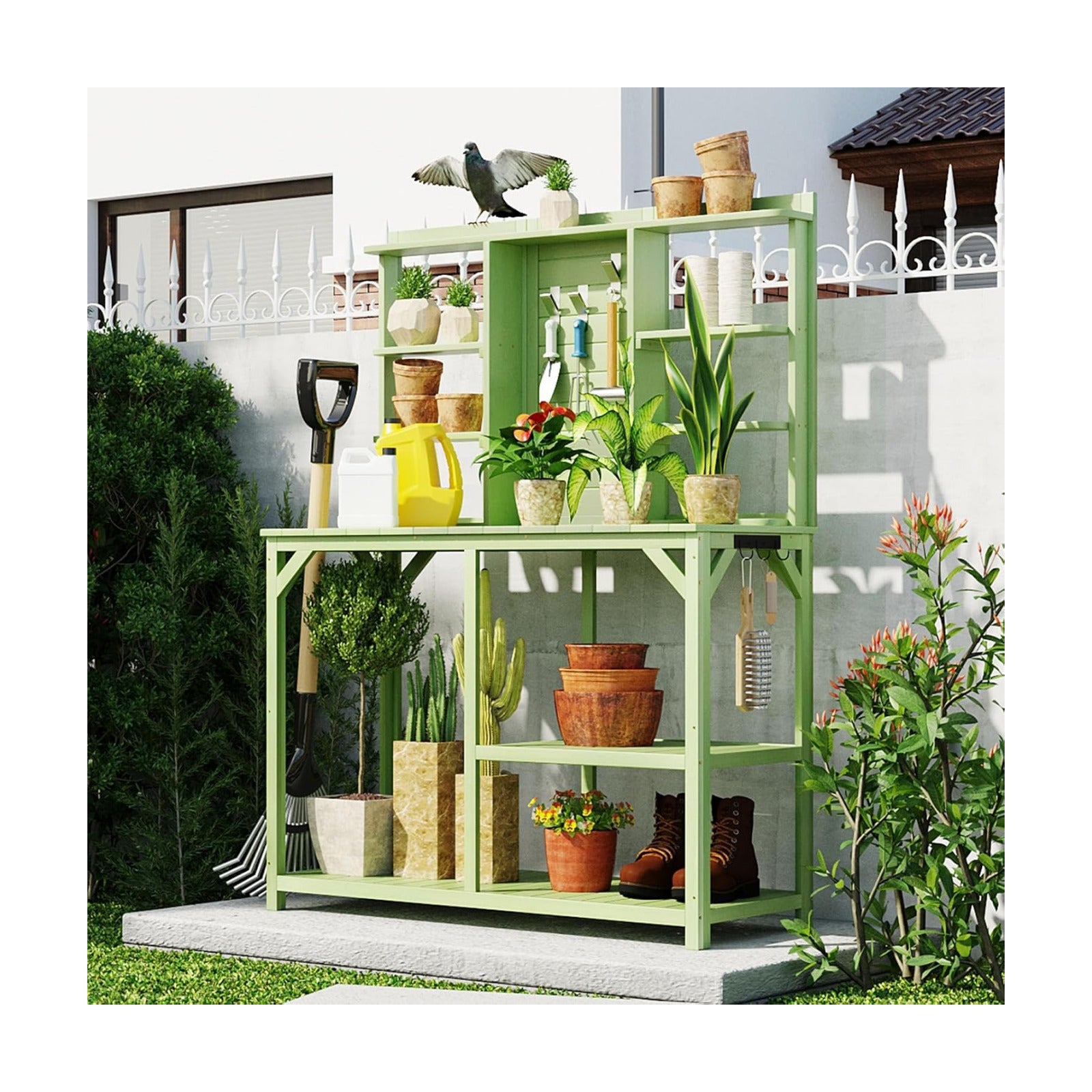 Outdoor Garden Potting Bench Table with 6-Tier Storage Shelves and Side Hook, 64.6" Large Wooden Patio Work Station