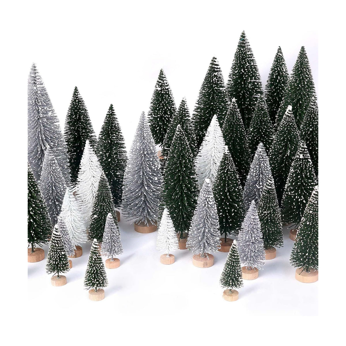 30Pcs Mini Christmas Trees Artificial Christmas Tree Bottle Brush Trees with Wooden Base for Christmas Decor Party Home Table Craft Decorations(Green+Silver+White)