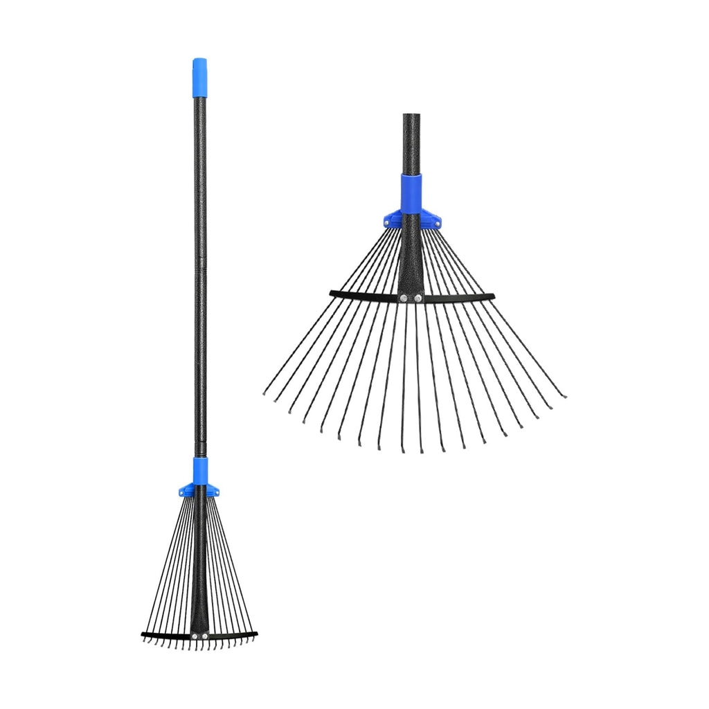 Adjustable Metal Leaf Rake Long Handle, Garden Rakes for Lawns Heavy Duty Leaves with Expandable Head 8-17", Yard Women