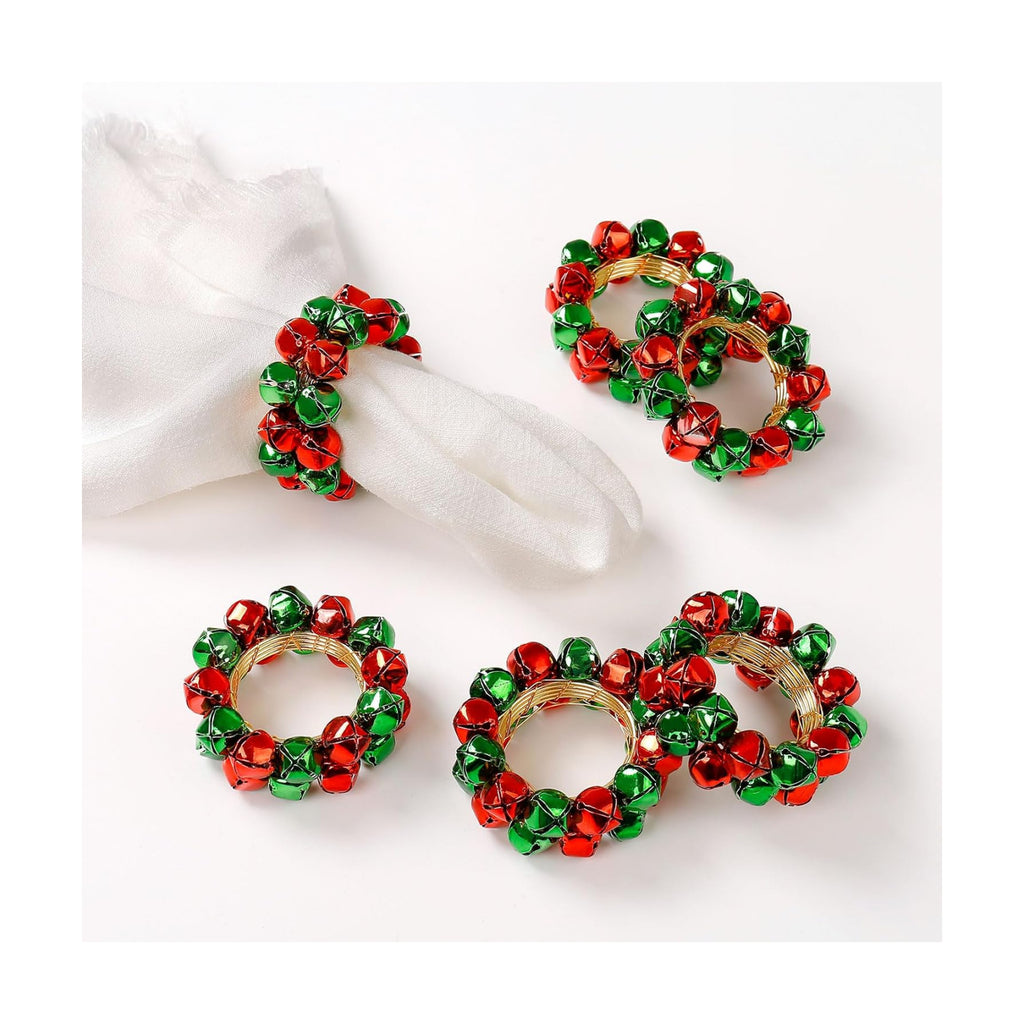 Christmas Napkin Rings Set of 8, Bells Napkin Rings with Green and Red Bell Gold Buckles for Table Decor, Weddings, Parties