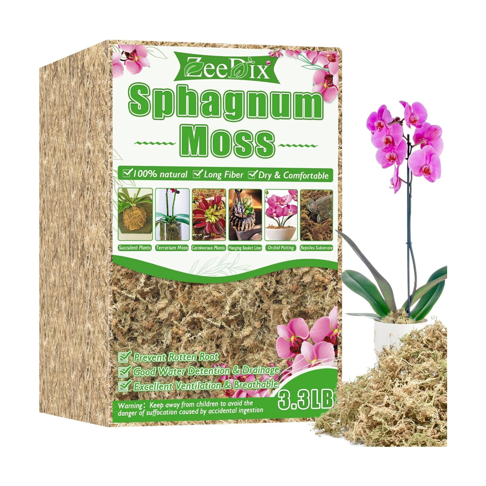 3.3 lb Premium Sphagnum Moss Bulk, Dried Long Fiber Orchid Sphagnum Peat Moss for Indoor Outdoor Plants, Carnivorous