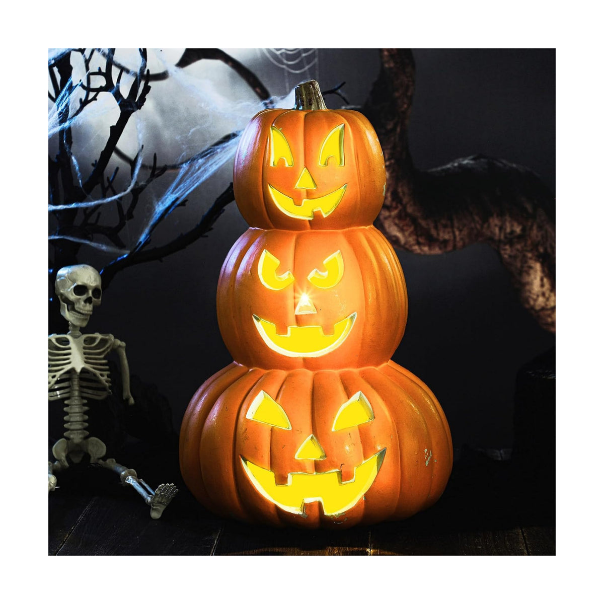 3 Tier 14" Halloween Stacked Pumpkin Decor, Jack O Lantern with LED Lights