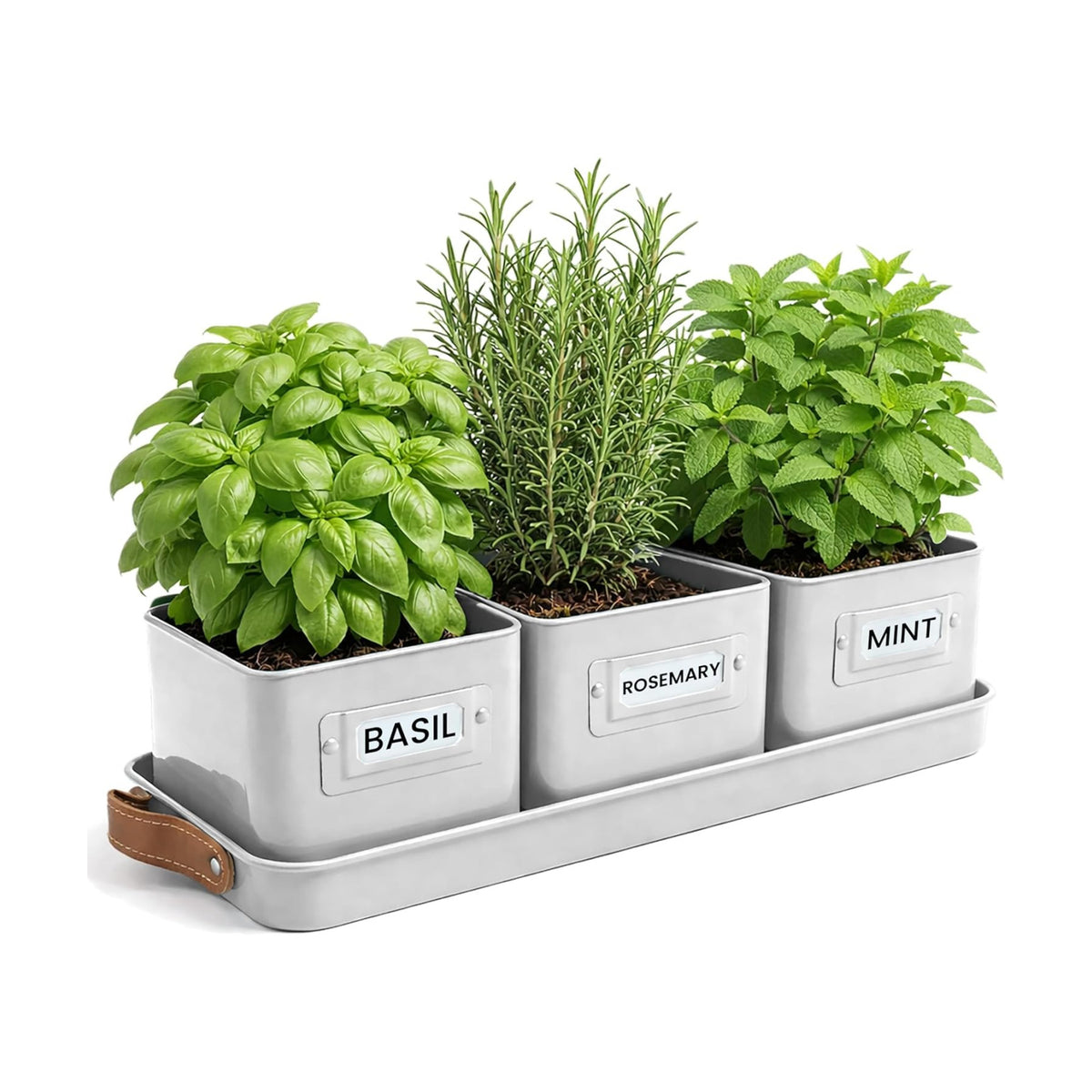 volila Herb Planter Indoor - Set of 3 Warmstone Indoor Herb Garden Pots for Plants with Leather Handled Tray - Window Sill Plant Shelf - Herb Pots with Drainage Holes and Labels