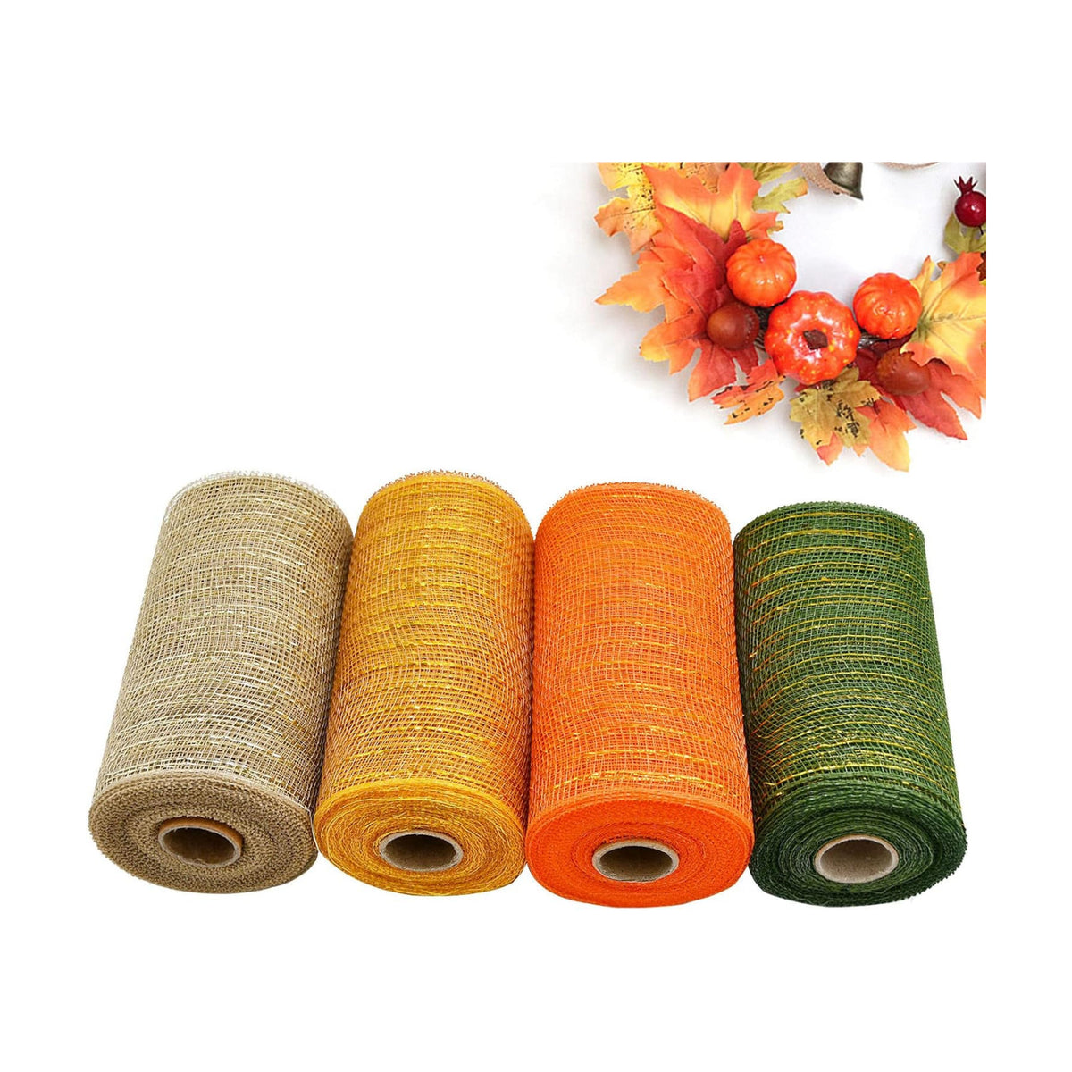 Thanksgiving Mesh Ribbon Deco Green Golden Orange Fall Deco Mesh Wire Ribbon Metallic Foil Rolls for DIY Auntumn Thanksgiving Wreaths Decorations Wrapping Craft, 4 Rolls(6 inch Wide)