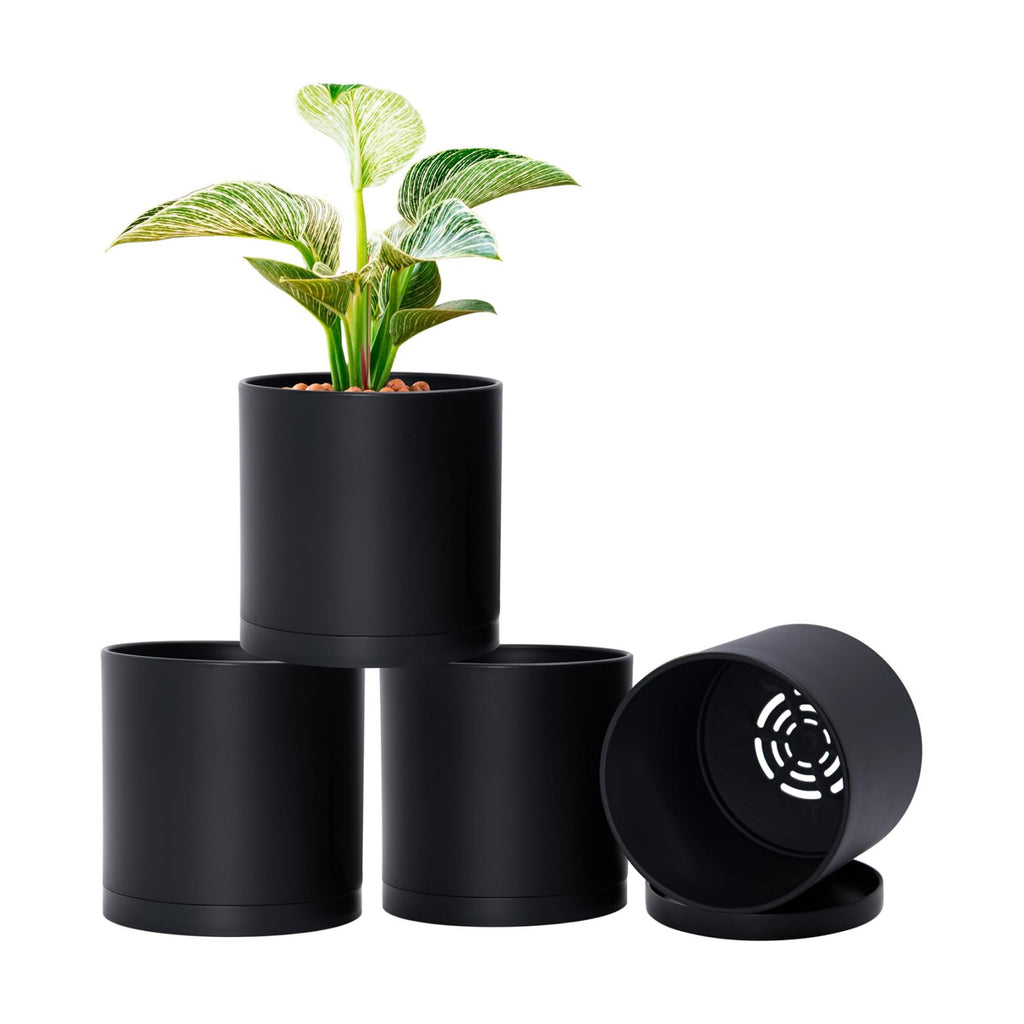D'vine Dev 4-Pack Black Plastic Planters with Saucers, 6 in, 74-Y-J-2 | Lightweight Durable Build, Matte Finish