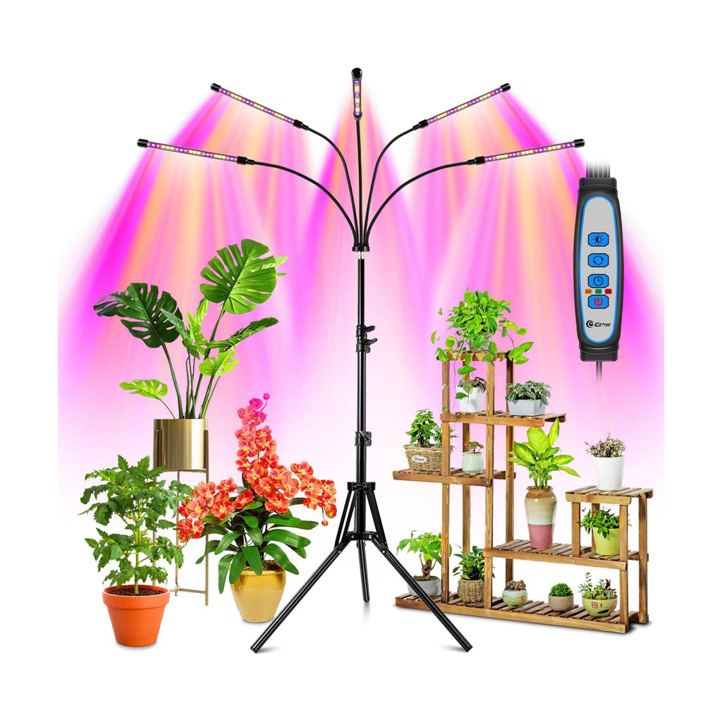 Grow Lights for Indoor Plants with Stand, Red Blue Full Spectrum | 5-Head Gooseneck Plant Lamp, 6/12/16H Auto Timer