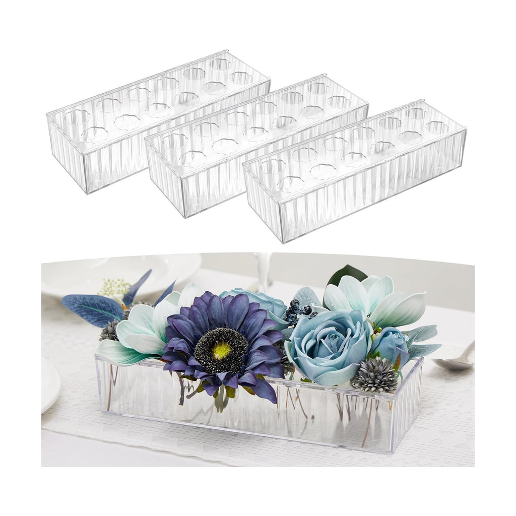 3 Pack Leak-Proof Wave Design Rectangular Flower Vases For Centerpieces - 24" Clear Flower Rectangle Vase as Floral Centerpieces for Tables, Long Flower Vase with 12 Holes as Flower Arrangement Holder
