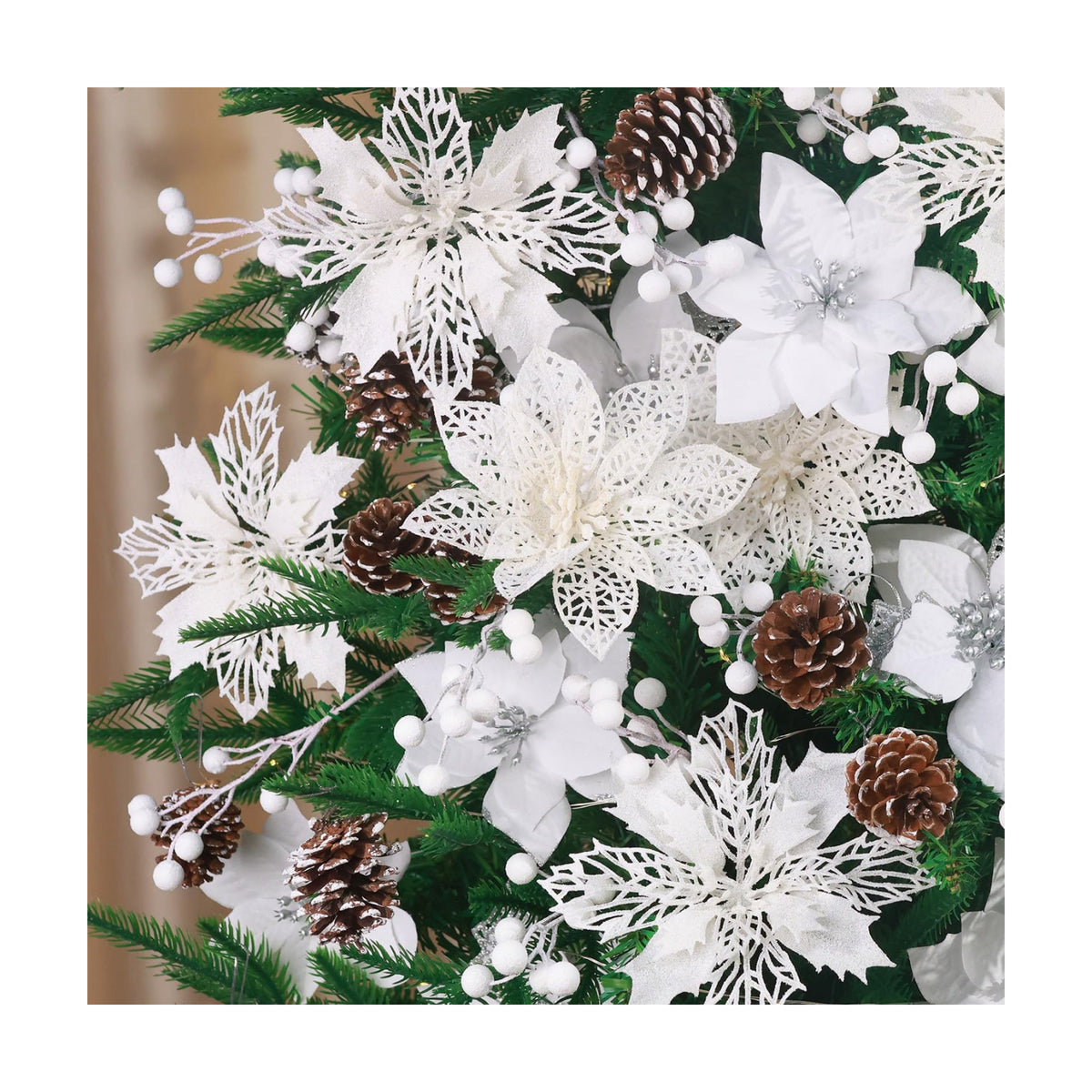 Hommtina 56 Pcs Christmas Decorations, 4 Styles Poinsettias Artificial Christmas Flowers Glitter Berries Stems Ornaments Tree with Pine Cones & Stems for Xmas Wedding DIY Wreath Floral Party (White)