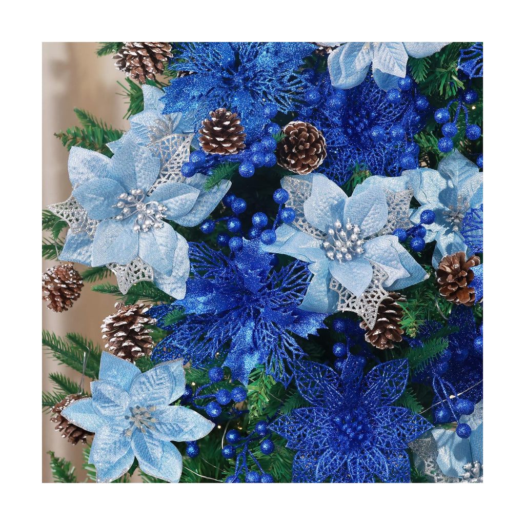 Hommtina 56 Pcs Christmas Decorations, 4 Styles Poinsettias Artificial Christmas Flowers Glitter Berries Stems Ornaments Tree with Pine Cones & Stems for Xmas Wedding DIY Wreath Floral Party (Blue)